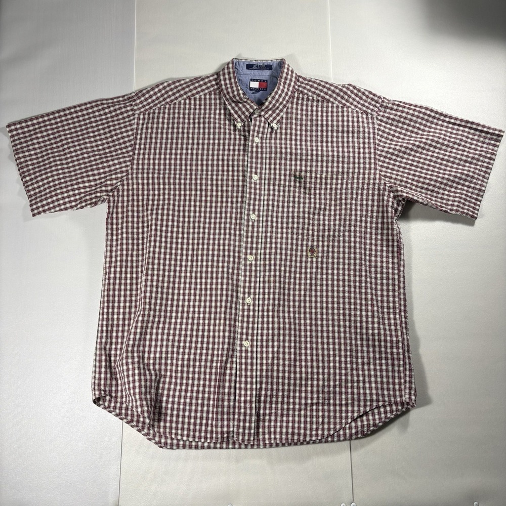 Vintage Tommy Hilfiger Shirt Mens XL Plaid Button Up Short Sleeve 90s Crest Logo
